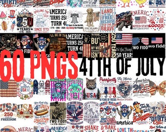 Patriotic 4th of July 60 PNG Bundle: American Flag Graphic Set, 1776-2026 Anniversary, Funny Independence Day Designs for Sublimation