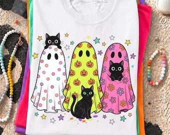 Preppy Halloween Ghost And Catcolorful leopard Png, ghost movies Png, glitter tee Png, Viral Png, Preppy girly ghost Png, Digital Design