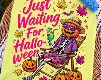 Retro Just Waiting For Halloween PNG, Vintage Horror Vacation Sublimation Png Graphics, Spooky Summer PNG, Halloween Beach Shirt Design