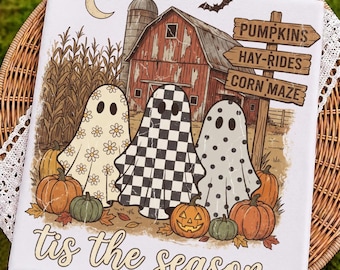 Tis The Season Ghost Trio PNG, Pumpkin Patch Ghosts Design, Farmhouse Halloween PNG, Checkered Floral Polka Dot Ghosts, Fall Shirt Png