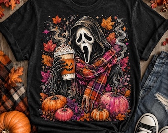 Ghostface Fall Coffee PNG, Halloween Latte Shirt Design, Autumn Spooky Season Sublimation