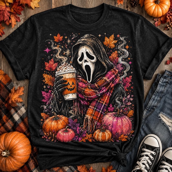 Ghostface Fall Coffee PNG, Halloween Latte Shirt Design, Autumn Spooky Season Sublimation