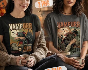 Vampurr Bites Again PNG: Funny Cat Halloween Graphic, Vintage Vampire Kitten Tee, Spooky Retro Pet Lover Art (Digital Download)