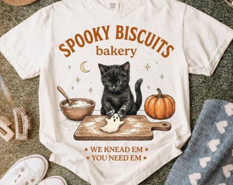 Spooky Biscuits Bakery PNG: Funny Black Cat Halloween Graphic, Retro Pumpkin Fall Tee, Cute Spooky Baking Art (Digital Download)