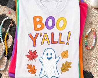 Camiseta PNG Boo Y'all, Camiseta divertida de fantasmas de Halloween, PNG lindo de otoño, Camiseta de temporada espeluznante, Regalo de Halloween, Estética retro de calabaza especiada
