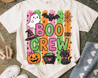 PNG de Halloween con pinceladas a rayas, diseño de sublimación Girly Boo Crew, diseño de camiseta de fantasma de moda, PNG de calabaza