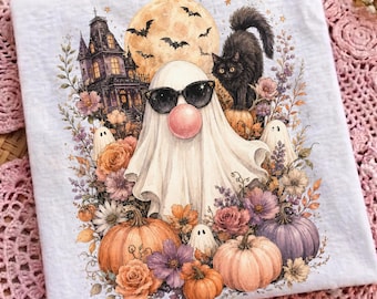 Ghost Blowing Bubble Gum Png, Brushstroke Halloween Sublimation Design, Girly Haunted House Shirt Design, Trendy Floral Fall Png