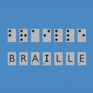 May include: A blue background with white tiles spelling "BRAILLE". Above the word are white tiles with black dots representing Braille characters. The numbers 2, 1, 9, and 5 are below the letters.
