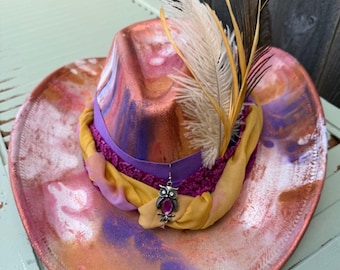 Hand Painted Cowboy Hat, Western Fedora, Pour Art Design, Owl Charm, Feathers