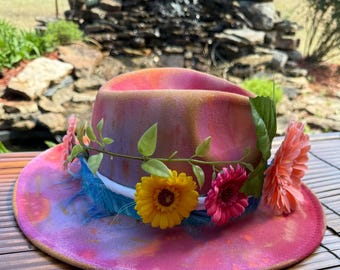 The "Bloomer", Size small to medium, hand painted, felt fedora, spring hat, summer hat