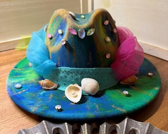 Thr "Mermaid", felt fedora, wide brim, custom, hand painted, size small to medium