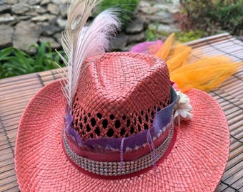 The "Princess", cowgirl hat, western, size fits most, adjustable band, custom, feathers, flowers