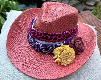The "Cora Lee", cowgirl hat, western, Coral color, one size fits most, adjustable band
