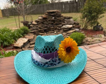 The "Daisy Deb", cowgirl hat, size small to med, Color seaside blue