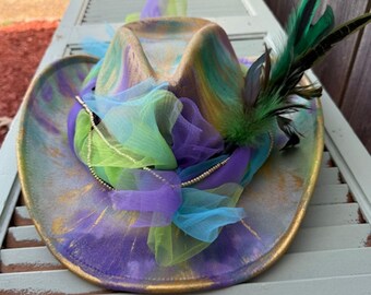 The "Mardi", Hand painted cowboy cowgirl hat, Vegan Suede, one of a kind