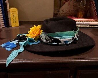 The "Sunny", cowgirl hat, black, western, size small medium, adjustable band, custom, flower