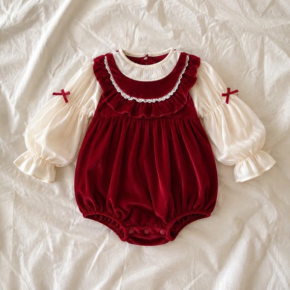 Baby Girl Red Velvet Bubble Romper with Ivory Puff Sleeves and Ruffle Collar