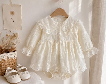 Ivory Lace Baby Romper, Long Sleeve Cotton Embroidered Outfit, Baby Shower Gift