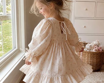 Vestido de Algodón con Volantes, Mangas Abullonadas, Lazo Trasero y Flores