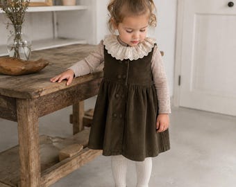 Girls Corduroy Pinafore Set, Eyelet Ruffle Collar Top and Olive Brown Jumper Dress