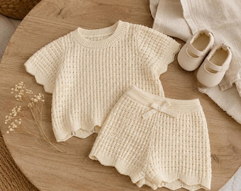 Conjunto de pantalón corto de punto color crema albaricoque anudado a mano para bebé, conjunto unisex de verano para niños pequeños, detalle de lazo de algodón.
