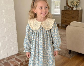 Blauwe Bloemen Babyjurk & Romper, Katoenen Outfit met Kanten Kraag, Lange Mouwen, Lente Herfst Cadeau
