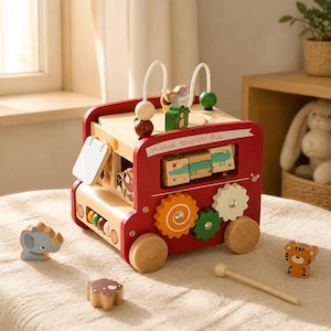 May include: A red wooden activity bus toy featuring the text Animal tourism Bus, rotating gears, a bead maze on top, and various animal-shaped blocks including an elephant, a tiger, and a bear, with a small wooden mallet included for play.