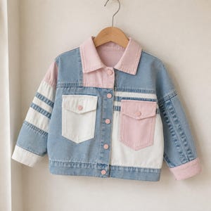 May include: A color-blocked denim jacket featuring a light blue base with contrasting panels in pastel pink and white. The jacket includes a collared neckline, long sleeves, a button-front closure, and two chest pockets with button-down flaps.