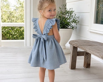 Girls Linen Apron Dress, Ruffle Strap Cottagecore Outfit with Adjustable Waist Ties