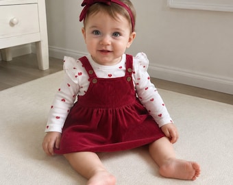 Baby Mädchen Set mit Herzbody, Cord-Trägerkleid und Schleifenstirnband