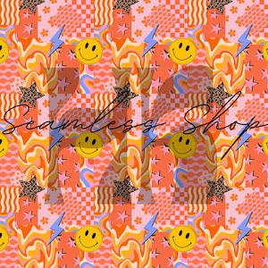 Puede incluir: Un vibrante patrón sin costuras con elementos de inspiración retro. El diseño incluye caras sonrientes, estrellas con estampado de leopardo, rayos y patrones ondulados y a cuadros en tonos naranja, rosa y amarillo. El texto "Seamless Shop" está superpuesto.