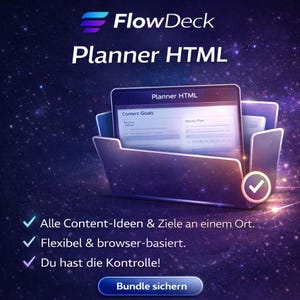 Op de afbeelding: Een digitale planner-interface met het label "Planner HTML" wordt weergegeven op een tablet in een donkere map. De afbeelding bevat de tekst "FlowDeck" en opsommingstekens met tekst in het Duits. Er is een vinkje-pictogram aanwezig.