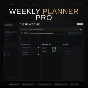 May include: A digital weekly planner interface with a dark theme. The text "WEEKLY PLANNER PRO" is prominently displayed. The interface includes sections for tasks, habits, and notes, with progress indicators and a calendar view.