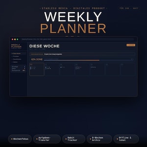 May include: A digital weekly planner interface with a dark blue background. The text "WEEKLY PLANNER" is displayed in white and gold. The interface shows a weekly view with task tracking and progress indicators. Additional features include a habit tracker and offline access.