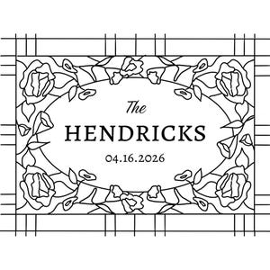 May include: Black and white floral design with the text "The HENDRICKS" and the date "04.16.2026". The design features roses and leaves, framed by a grid pattern, suitable for a wedding or special event.
