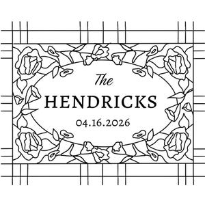 May include: Black and white floral design with the text "The HENDRICKS" and the date "04.16.2026" in a decorative oval. The design is framed with a grid pattern and floral accents, suitable for wedding decor.