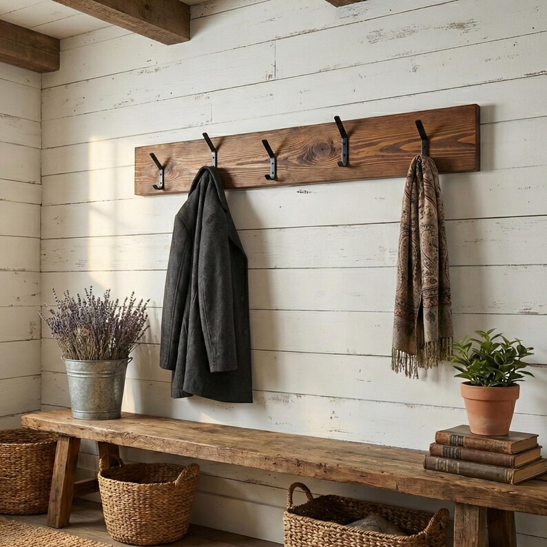 Reclaimed Rustic Wood Wall Coat Rack, Hand Forged Iron Hooks, Farmhouse ...