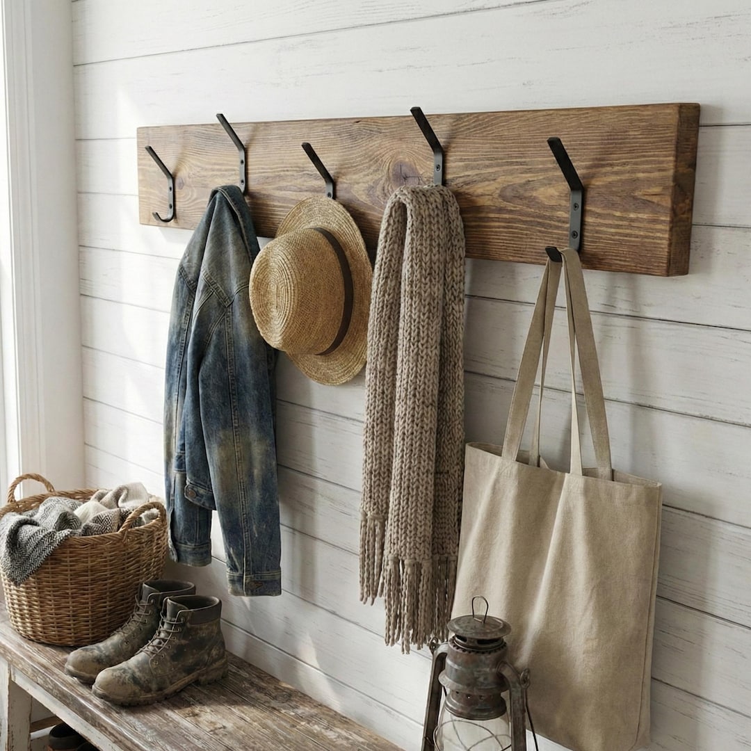 Reclaimed Rustic Wood Wall Coat Rack, Hand Forged Iron Hooks, Farmhouse ...