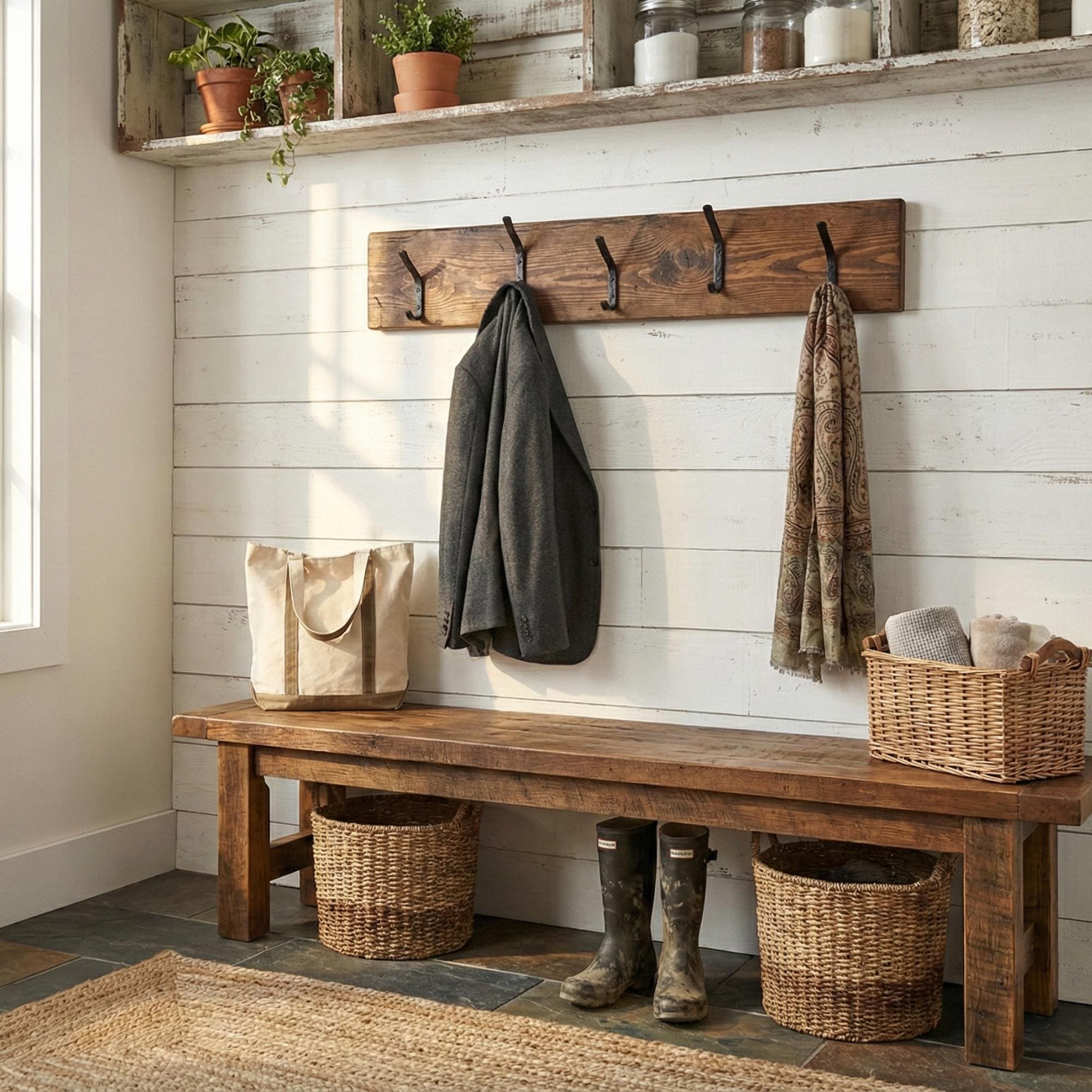 Reclaimed Rustic Wood Wall Coat Rack, Hand Forged Iron Hooks, Farmhouse ...