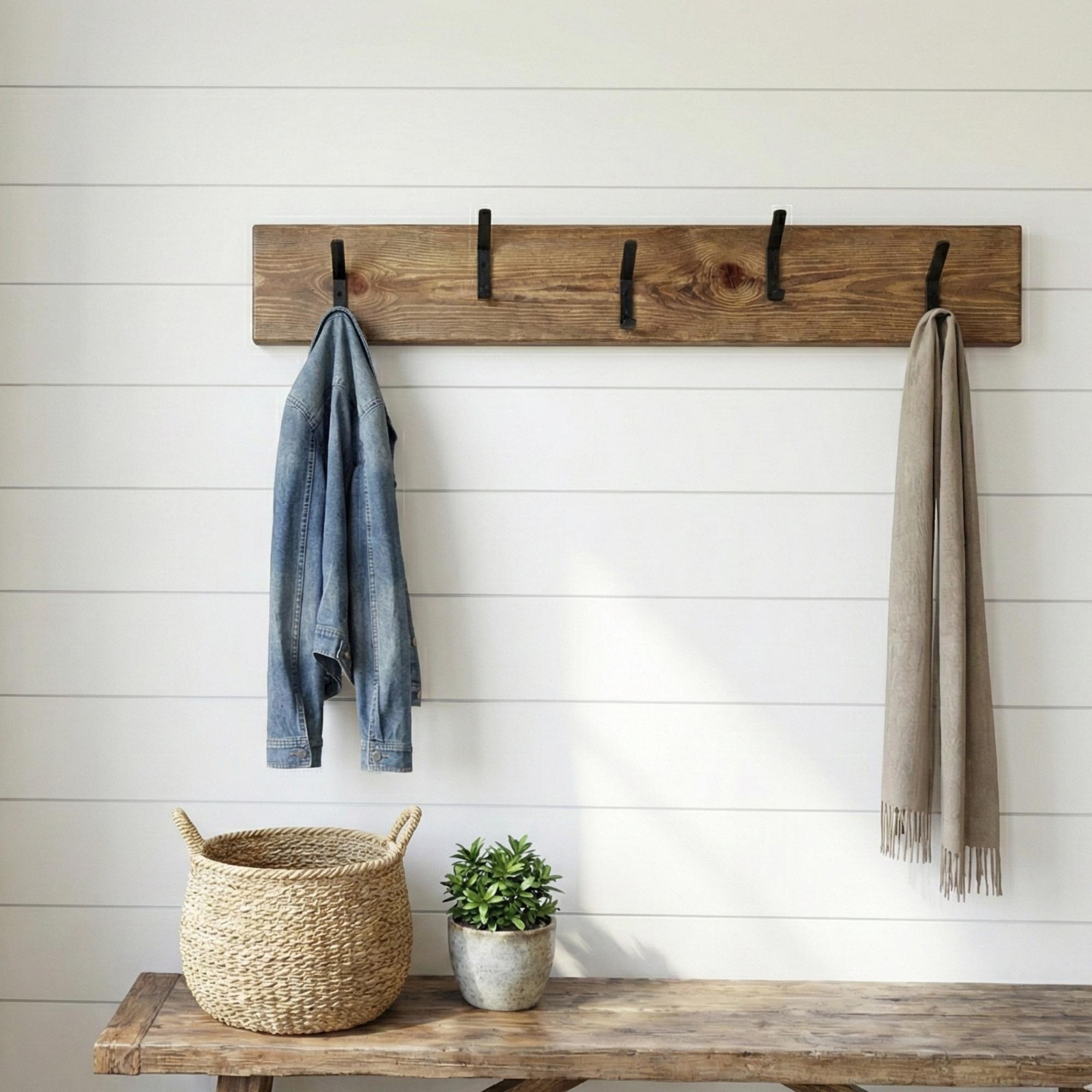 Reclaimed Rustic Wood Wall Coat Rack, Hand Forged Iron Hooks, Farmhouse ...