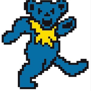 May include: A pixel art graphic of a dancing bear rendered in shades of blue with a bright yellow ruff around its neck. The bear is depicted in a dynamic, mid-stride pose with black outlines defining its shape against a plain white background.