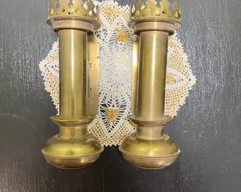 Antique pair of brass railway carriage candle lamps