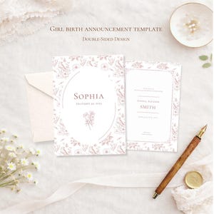 Ana Collection Birth Announcement Template | Vintage Floral Baby Girl Announcement | Elegant Pink Frame Baby Announcement | Editable Canva