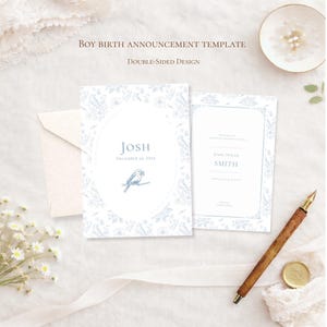 Ana Collection Birth Announcement Template | Vintage Baby Boy Announcement | Classic Blue Frame BabyAnnouncement | Editable Canva Birth Card