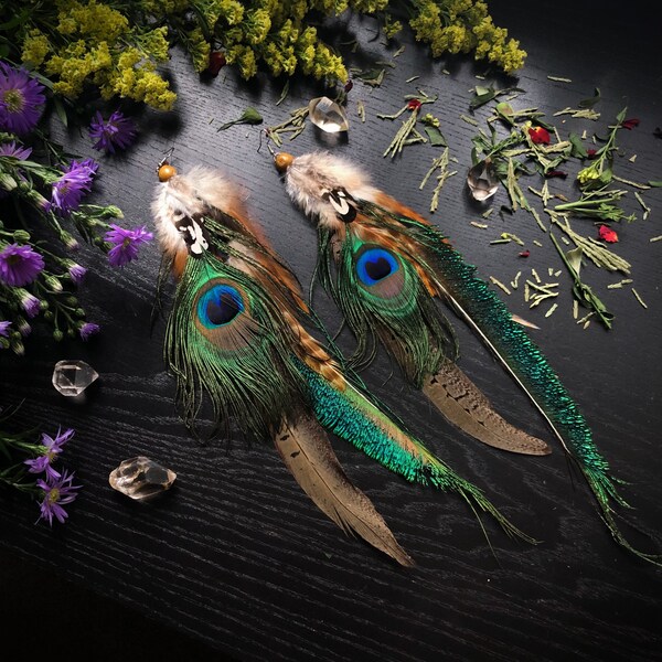 XL Natural Peacock Feather Earrings