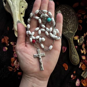 Vintage White Celluloid Rosary Beads 1970s