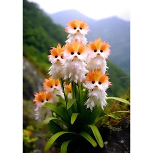 May include: A cluster of unique, whimsical flowers with a striking resemblance to small birds. The blooms feature white, feathery petals and orange and yellow accents, with dark spots suggesting eyes. Green leaves and a blurred mountain backdrop complete the scene.