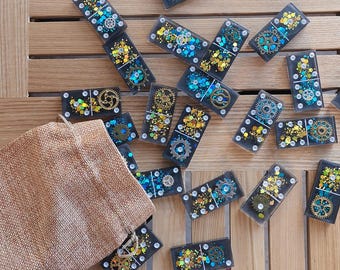 Handgemachter Resin Domino Set, Epoxy Dominos mit Glitter, einzigartiges Brettspiel Geschenk