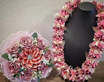 Pink Rose Lei + Bouqet Set