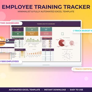 May include: An Employee Training Tracker Excel template displayed on a screen, featuring a Training Analytics Dashboard with charts, graphs, and data tables. The interface includes sections for real-time metrics, budget costs, and employee certifications.